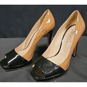 PRADA Cammeo Vernice Bicolor Black Brown Patent Peep Toe Pumps Size 39 US 8.5